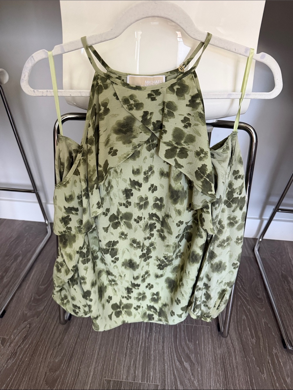 MICHAEL Michael Kors Olive Green Floral Ruffle Cold-Shoulder Top